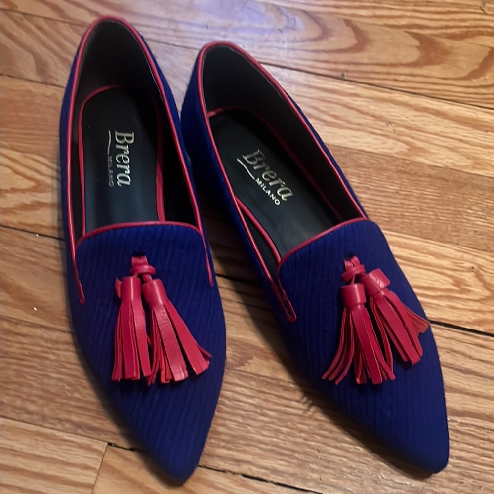 Blue and Red Flats with Tassels and Pointed Toe